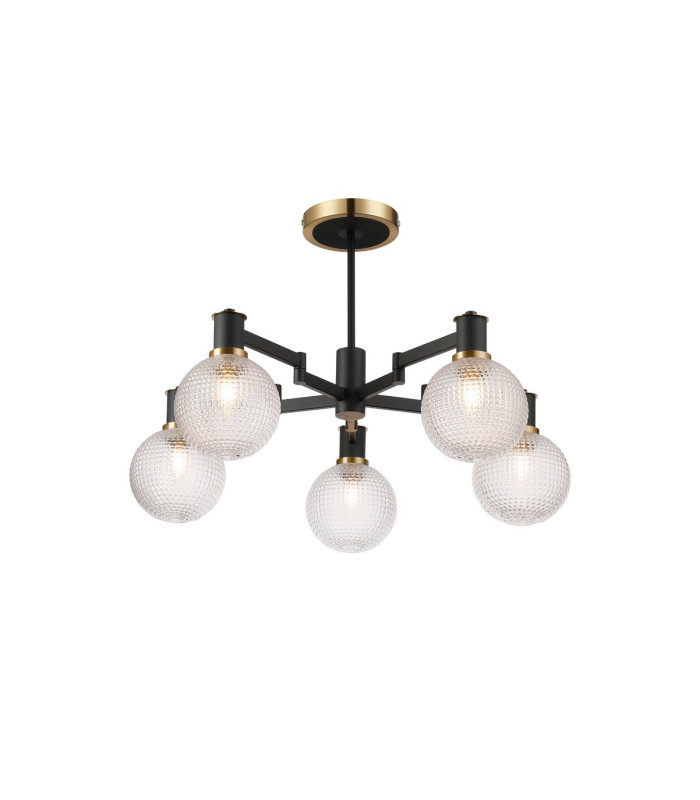Worcester 71cm Swing Arm Semi Ceiling 5 Light E14 Brass/Satin Black/Clear Round Textured Diamond Pattern Glass-1