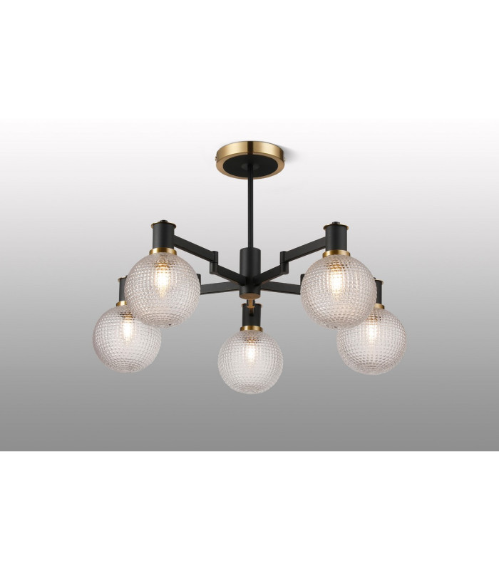 Worcester 71cm Swing Arm Semi Ceiling 5 Light E14 Brass/Satin Black/Clear Round Textured Diamond Pattern Glass-3
