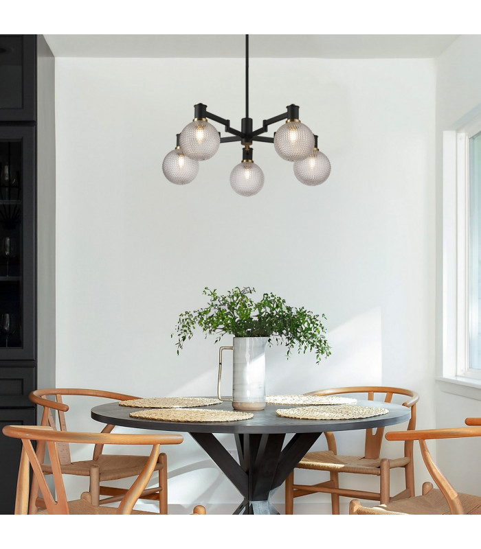 Worcester 71cm Swing Arm Semi Ceiling 5 Light E14 Brass/Satin Black/Clear Round Textured Diamond Pattern Glass-4