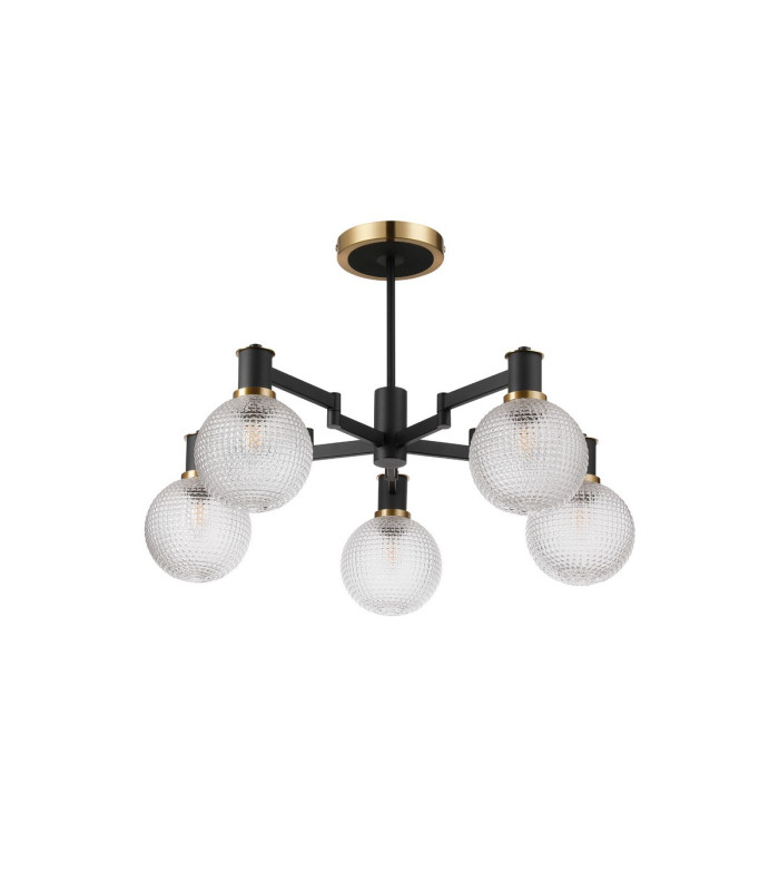Worcester 71cm Swing Arm Semi Ceiling 5 Light E14 Brass/Satin Black/Clear Round Textured Diamond Pattern Glass-5
