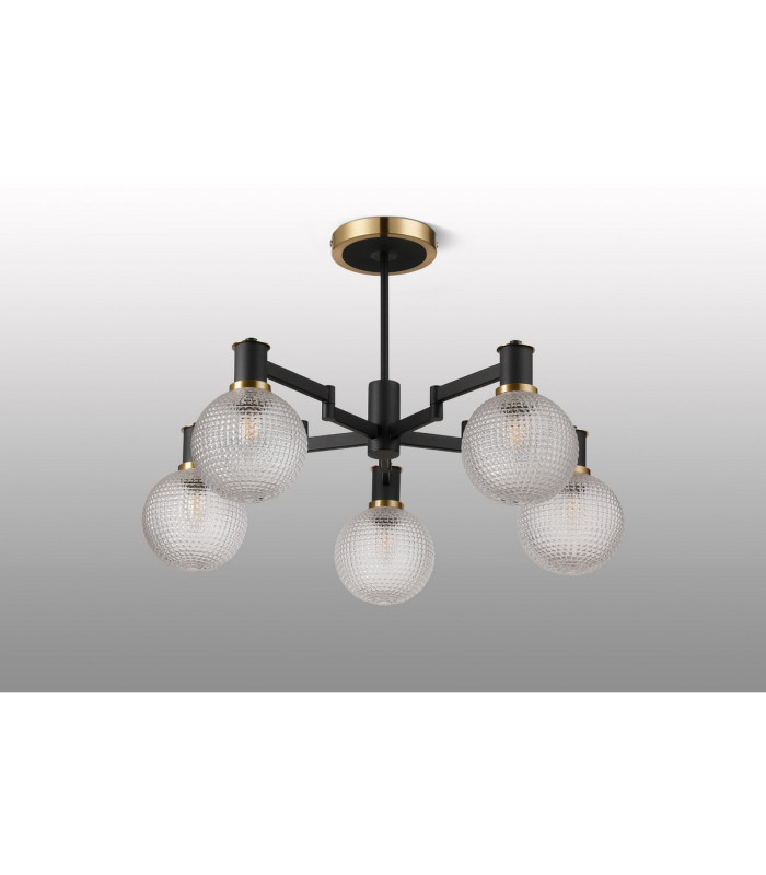 Worcester 71cm Swing Arm Semi Ceiling 5 Light E14 Brass/Satin Black/Clear Round Textured Diamond Pattern Glass-10