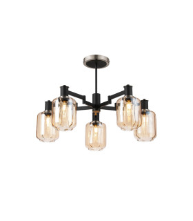 Worcester 69cm Swing Arm Semi Ceiling 5 Light E14 Satin Nickel/Satin Black/Amber Striped Cylinder Glass-1