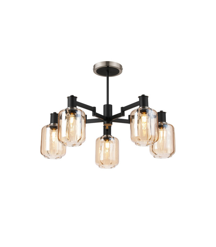 Worcester 69cm Swing Arm Semi Ceiling 5 Light E14 Satin Nickel/Satin Black/Amber Striped Cylinder Glass-1