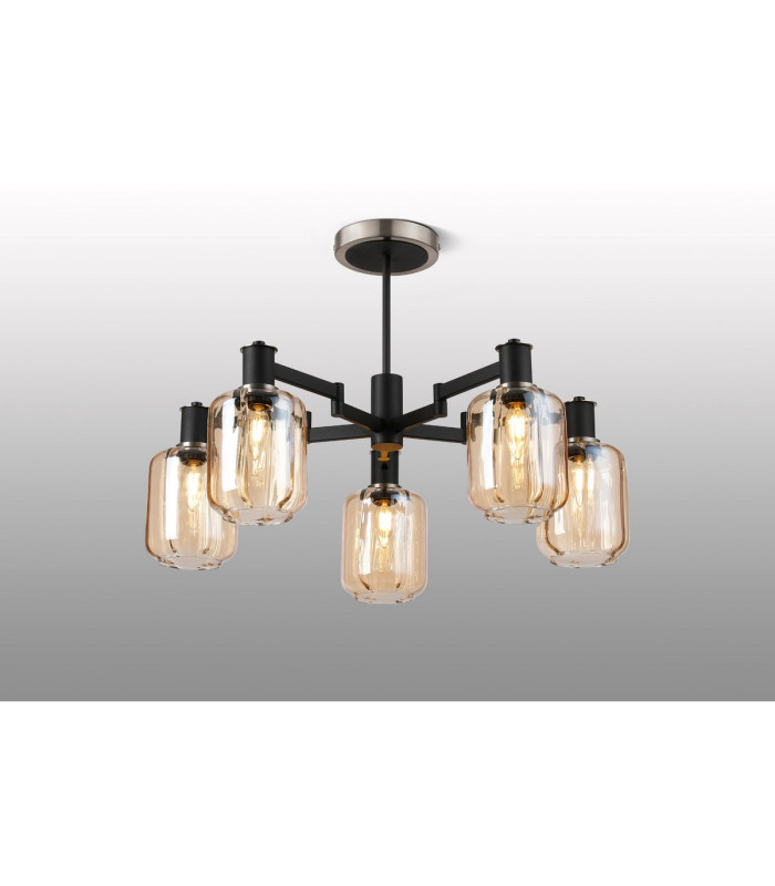 Worcester 69cm Swing Arm Semi Ceiling 5 Light E14 Satin Nickel/Satin Black/Amber Striped Cylinder Glass-3
