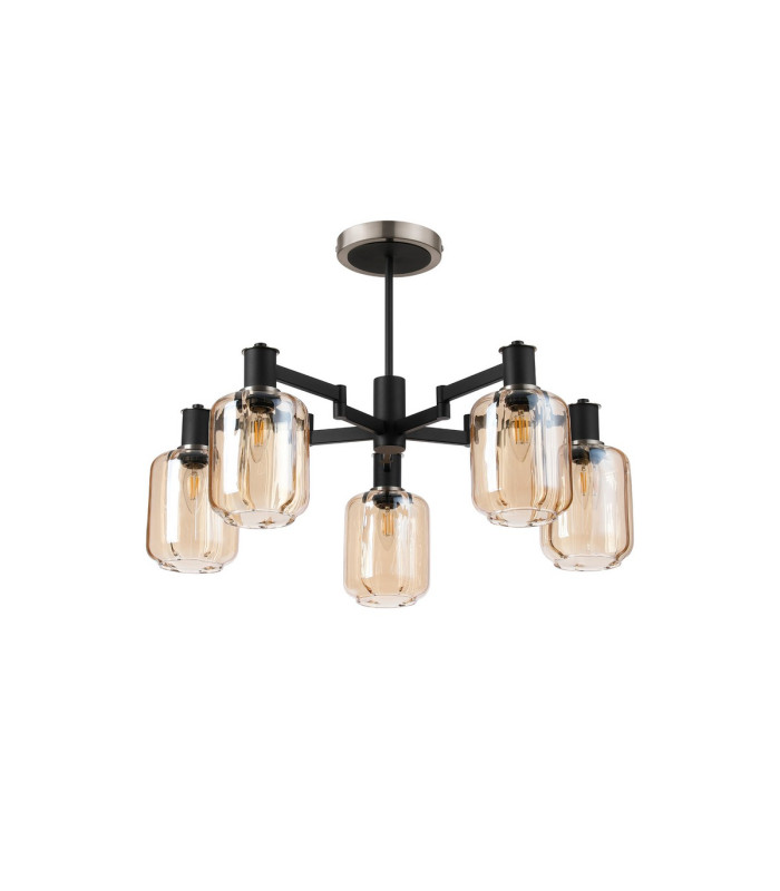 Worcester 69cm Swing Arm Semi Ceiling 5 Light E14 Satin Nickel/Satin Black/Amber Striped Cylinder Glass-4