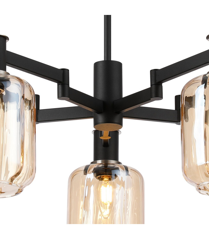 Worcester 69cm Swing Arm Semi Ceiling 5 Light E14 Satin Nickel/Satin Black/Amber Striped Cylinder Glass-6
