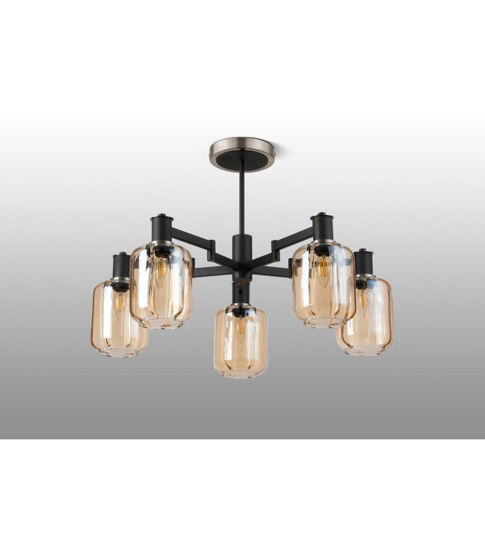 Worcester 69cm Swing Arm Semi Ceiling 5 Light E14 Satin Nickel/Satin Black/Amber Striped Cylinder Glass-9