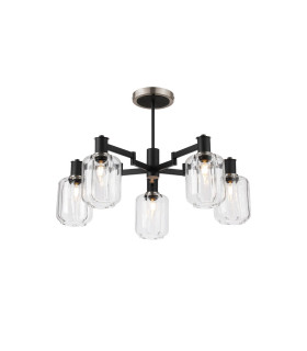Worcester 69cm Swing Arm Semi Ceiling 5 Light E14 Satin Nickel/Satin Black/Clear Striped Cylinder Glass-1