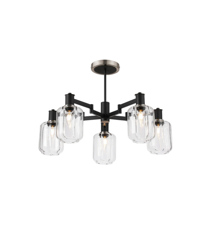 Worcester 69cm Swing Arm Semi Ceiling 5 Light E14 Satin Nickel/Satin Black/Clear Striped Cylinder Glass-1