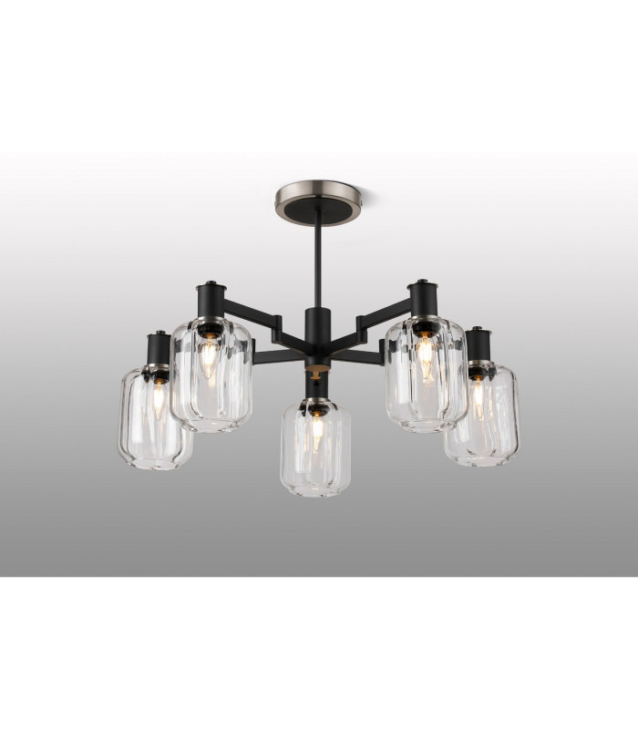 Worcester 69cm Swing Arm Semi Ceiling 5 Light E14 Satin Nickel/Satin Black/Clear Striped Cylinder Glass-3