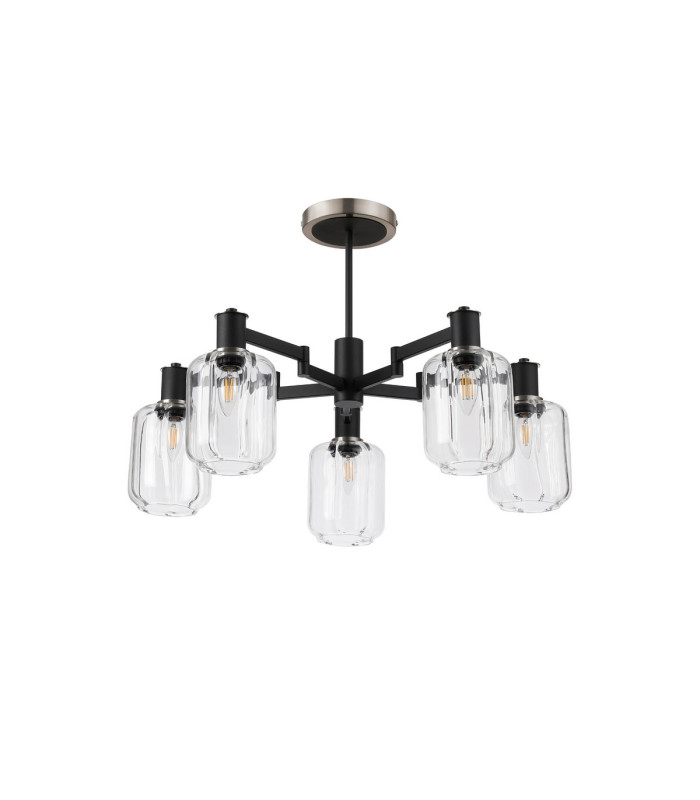 Worcester 69cm Swing Arm Semi Ceiling 5 Light E14 Satin Nickel/Satin Black/Clear Striped Cylinder Glass-4