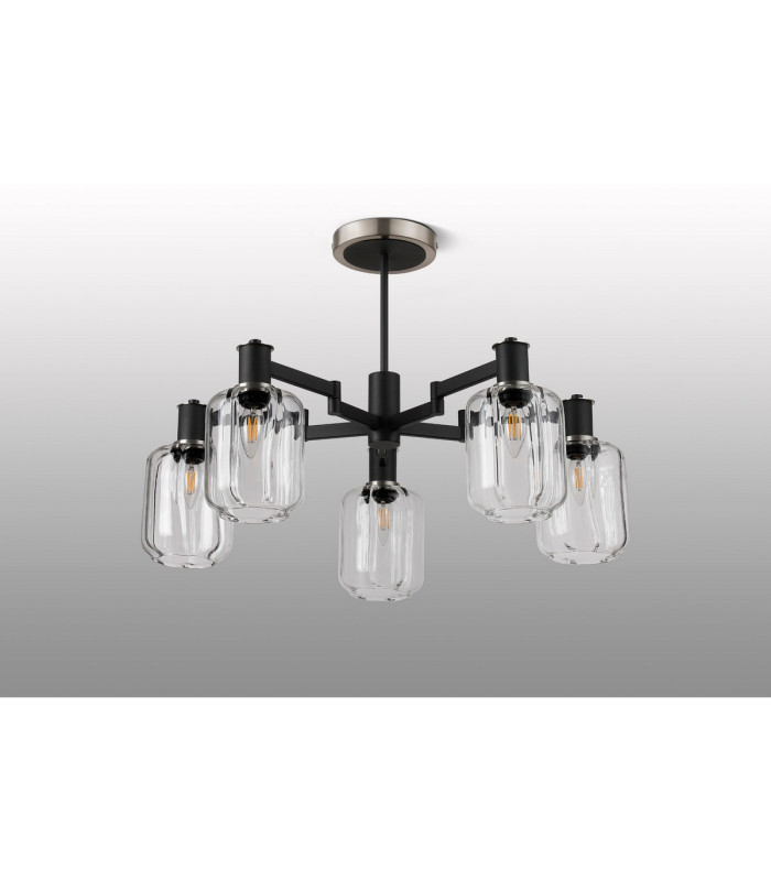 Worcester 69cm Swing Arm Semi Ceiling 5 Light E14 Satin Nickel/Satin Black/Clear Striped Cylinder Glass-9