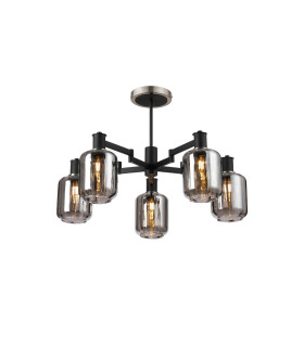 Worcester 69cm Swing Arm Semi Ceiling 5 Light E14 Satin Nickel/Satin Black/Smoke Striped Cylinder Glass-1