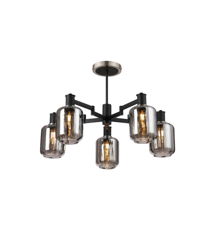 Worcester 69cm Swing Arm Semi Ceiling 5 Light E14 Satin Nickel/Satin Black/Smoke Striped Cylinder Glass-1