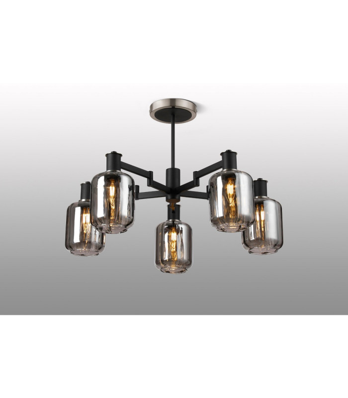 Worcester 69cm Swing Arm Semi Ceiling 5 Light E14 Satin Nickel/Satin Black/Smoke Striped Cylinder Glass-3