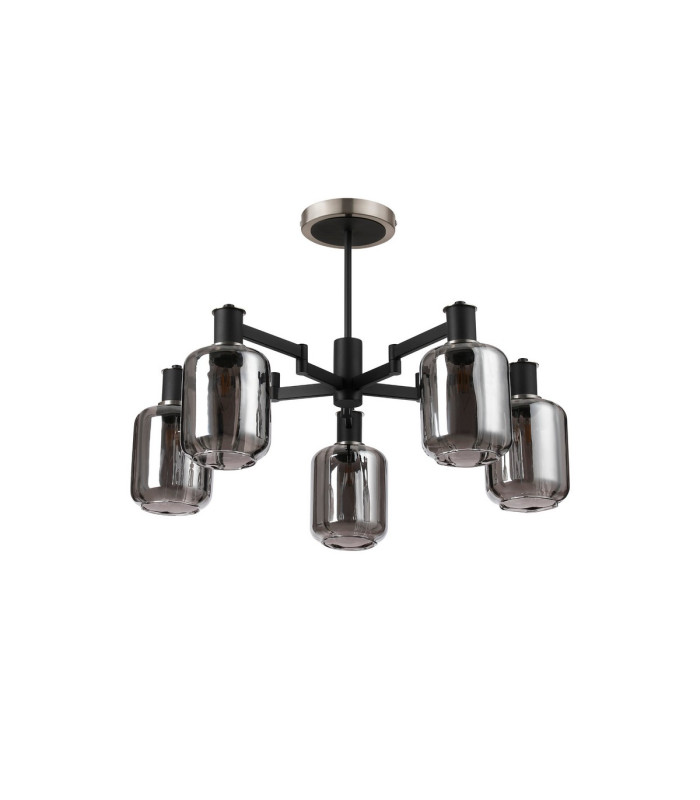 Worcester 69cm Swing Arm Semi Ceiling 5 Light E14 Satin Nickel/Satin Black/Smoke Striped Cylinder Glass-4
