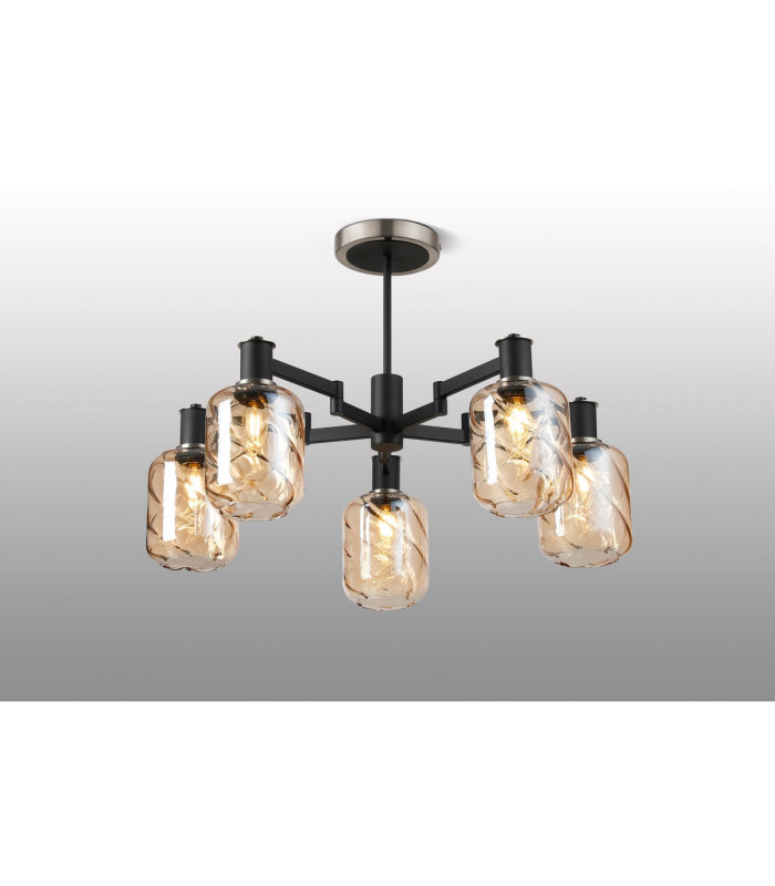 Worcester 69cm Swing Arm Semi Ceiling 5 Light E14 Satin Nickel/Satin Black/Amber Twisted Cylinder Glass-3
