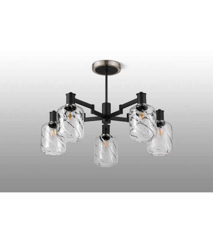 Worcester 69cm Swing Arm Semi Ceiling 5 Light E14 Satin Nickel/Satin Black/Clear Twisted Cylinder Glass-9