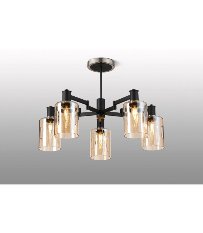 Worcester 68cm Swing Arm Semi Ceiling 5 Light E14 Satin Nickel/Satin Black/Amber Uniform Dimple Cylinder Glass-3