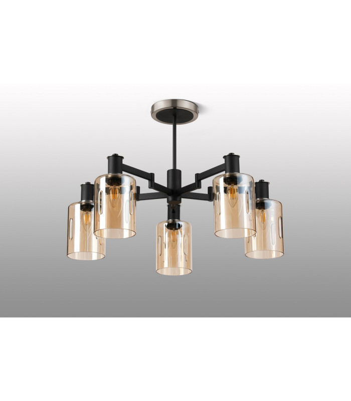 Worcester 68cm Swing Arm Semi Ceiling 5 Light E14 Satin Nickel/Satin Black/Amber Uniform Dimple Cylinder Glass-9