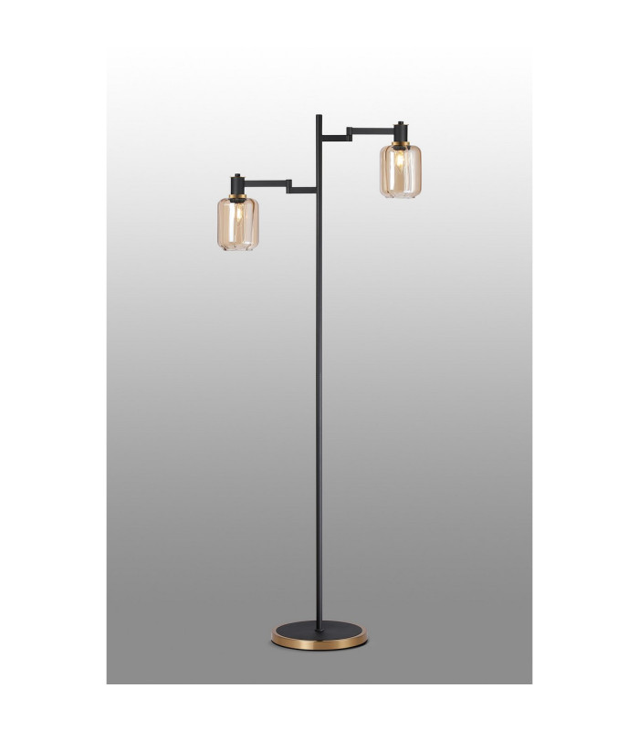 Worcester Swing Arm Floor Lamp 2 Light E14 Brass/Satin Black/Amber Striped Cylinder Glass-3