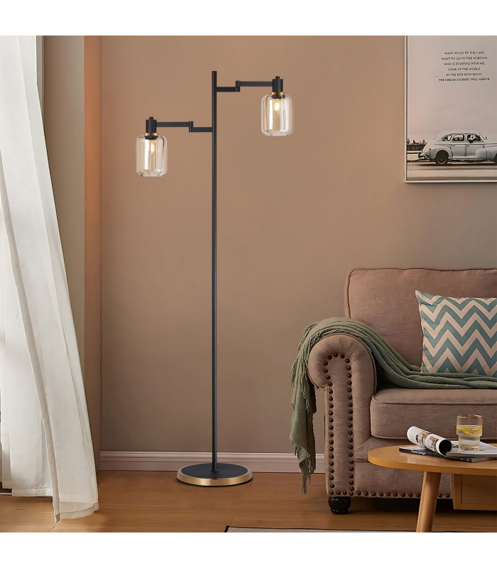 Worcester Swing Arm Floor Lamp 2 Light E14 Brass/Satin Black/Amber Striped Cylinder Glass-4