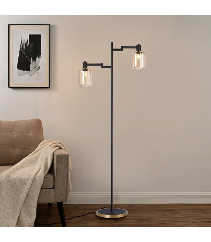 Worcester Swing Arm Floor Lamp 2 Light E14 Brass/Satin Black/Amber Striped Cylinder Glass-5