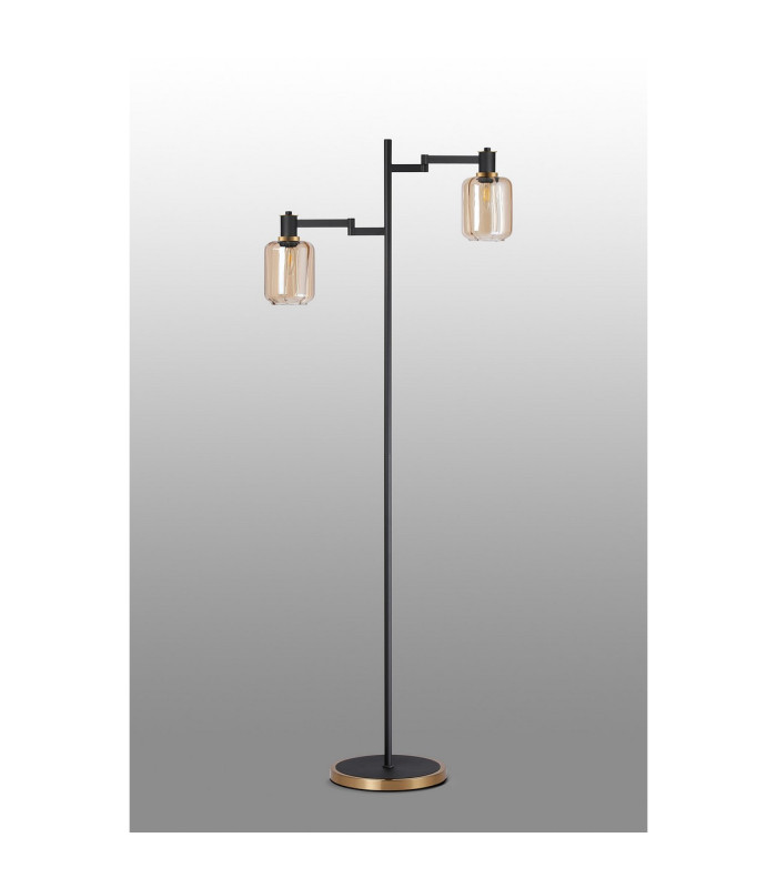 Worcester Swing Arm Floor Lamp 2 Light E14 Brass/Satin Black/Amber Striped Cylinder Glass-11