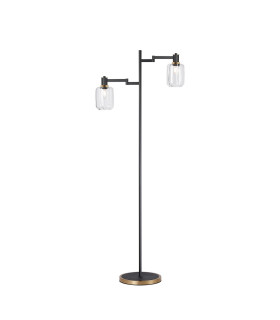 Worcester Swing Arm Floor Lamp 2 Light E14 Brass/Satin Black/Clear Striped Cylinder Glass-1