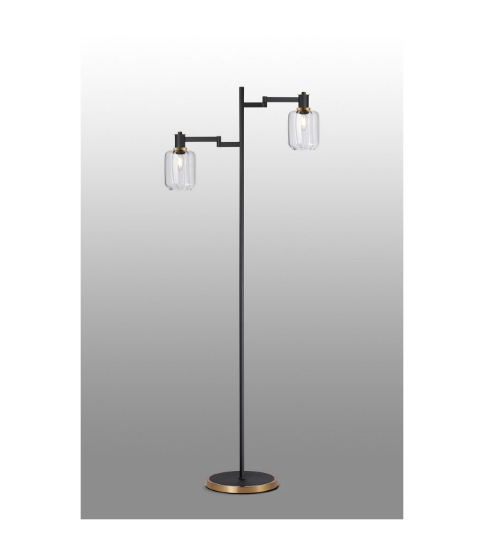 Worcester Swing Arm Floor Lamp 2 Light E14 Brass/Satin Black/Clear Striped Cylinder Glass-3