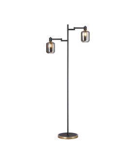 Worcester Swing Arm Floor Lamp 2 Light E14 Brass/Satin Black/Smoke Striped Cylinder Glass-1
