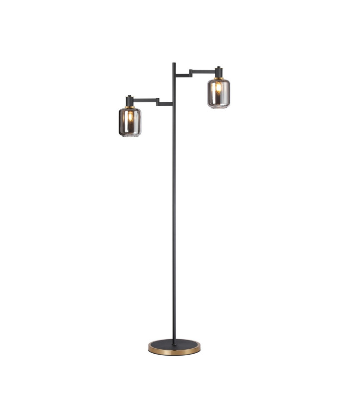 Worcester Swing Arm Floor Lamp 2 Light E14 Brass/Satin Black/Smoke Striped Cylinder Glass-1