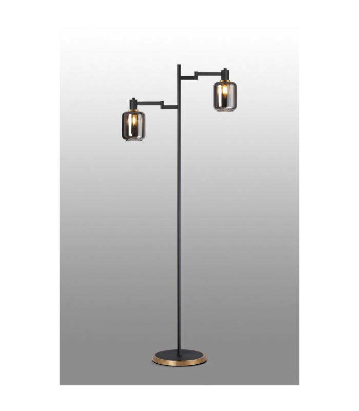 Worcester Swing Arm Floor Lamp 2 Light E14 Brass/Satin Black/Smoke Striped Cylinder Glass-3