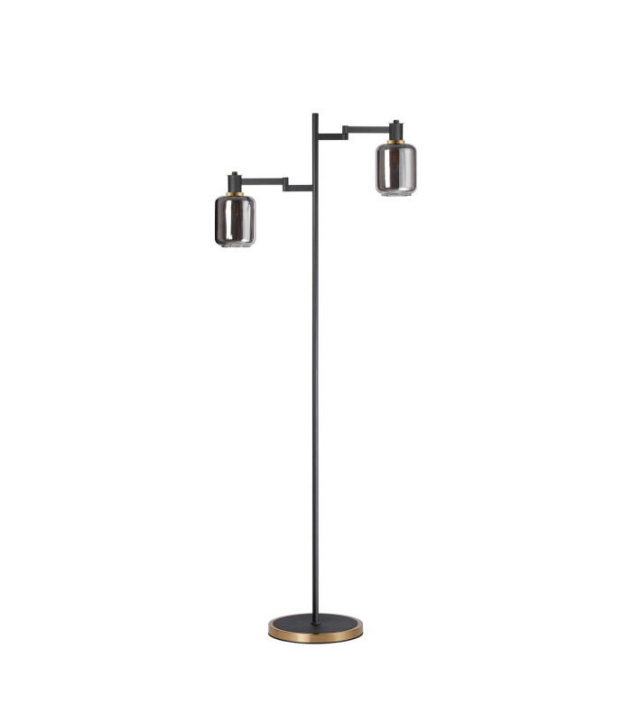 Worcester Swing Arm Floor Lamp 2 Light E14 Brass/Satin Black/Smoke Striped Cylinder Glass-5