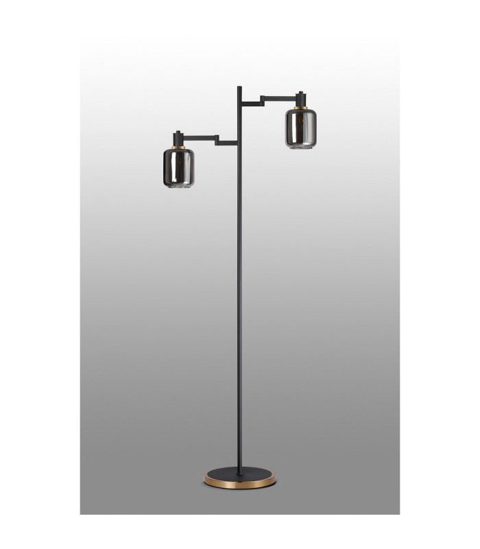 Worcester Swing Arm Floor Lamp 2 Light E14 Brass/Satin Black/Smoke Striped Cylinder Glass-9
