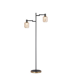 Worcester Swing Arm Floor Lamp 2 Light E14 Brass/Satin Black/Amber Twisted Cylinder Glass-1