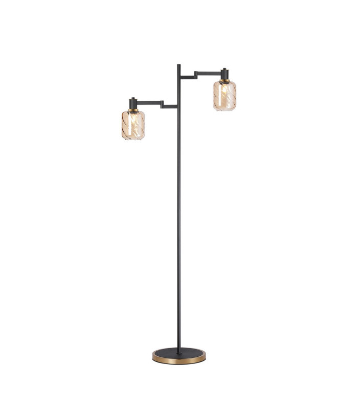 Worcester Swing Arm Floor Lamp 2 Light E14 Brass/Satin Black/Amber Twisted Cylinder Glass-1