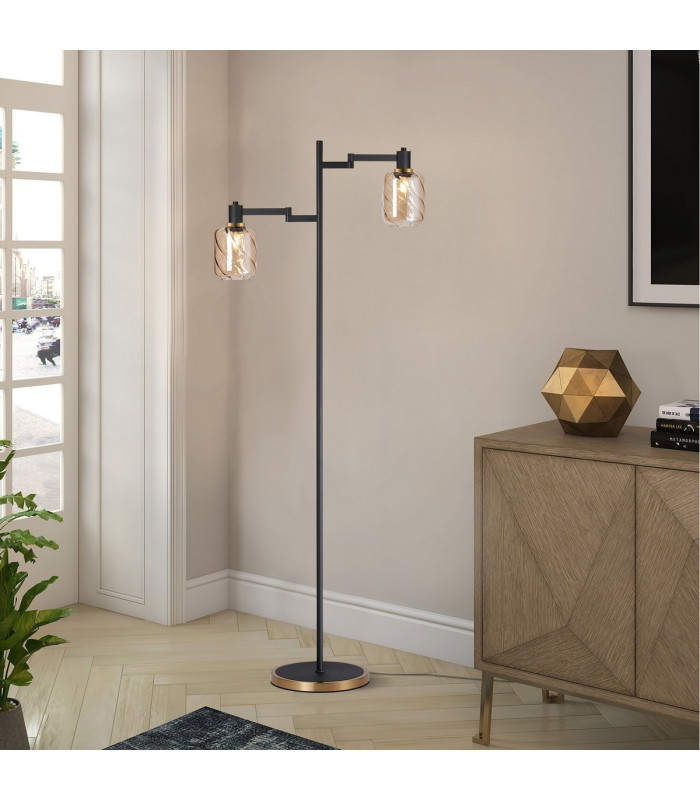 Worcester Swing Arm Floor Lamp 2 Light E14 Brass/Satin Black/Amber Twisted Cylinder Glass-4