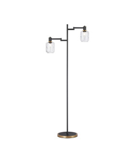 Worcester Swing Arm Floor Lamp 2 Light E14 Brass/Satin Black/Clear Twisted Cylinder Glass-1