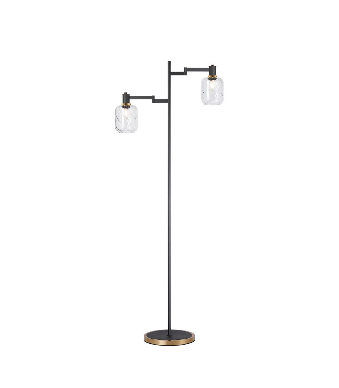 Worcester Swing Arm Floor Lamp 2 Light E14 Brass/Satin Black/Clear Twisted Cylinder Glass-1