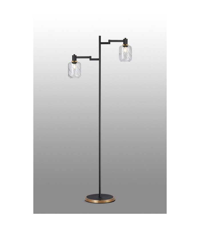 Worcester Swing Arm Floor Lamp 2 Light E14 Brass/Satin Black/Clear Twisted Cylinder Glass-3