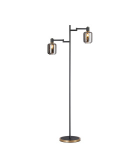 Worcester Swing Arm Floor Lamp 2 Light E14 Brass/Satin Black/Smoke Twisted Cylinder Glass-1
