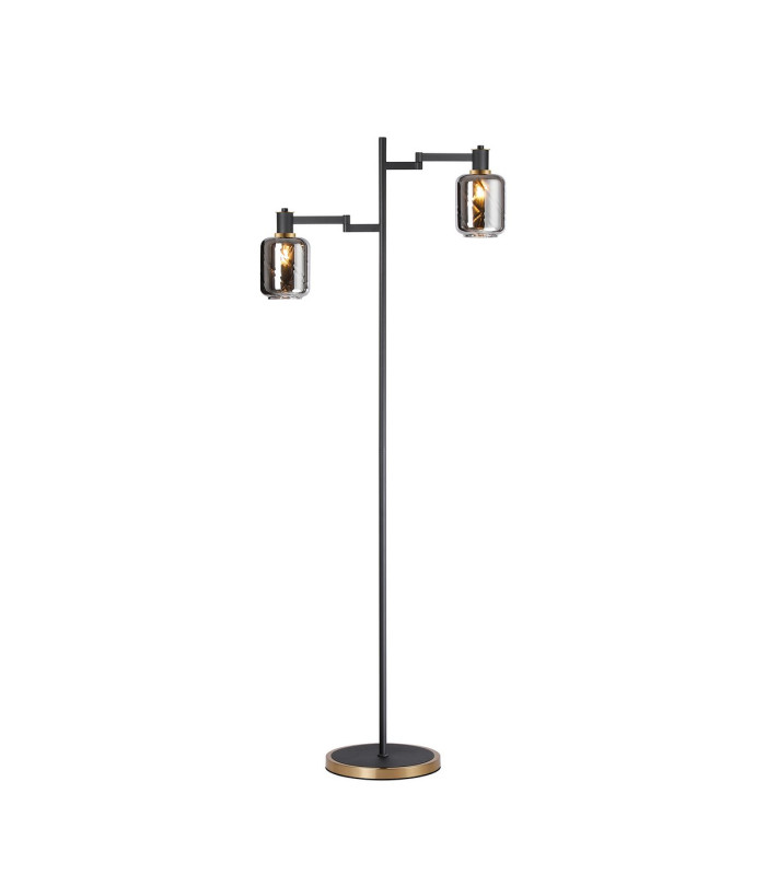 Worcester Swing Arm Floor Lamp 2 Light E14 Brass/Satin Black/Smoke Twisted Cylinder Glass-1