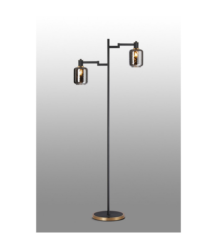 Worcester Swing Arm Floor Lamp 2 Light E14 Brass/Satin Black/Smoke Twisted Cylinder Glass-3