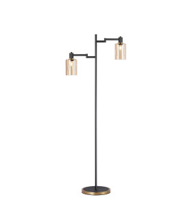 Worcester Swing Arm Floor Lamp 2 Light E14 Brass/Satin Black/Amber Uniform Dimple Cylinder Glass-1