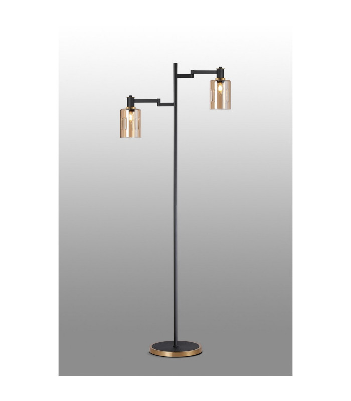Worcester Swing Arm Floor Lamp 2 Light E14 Brass/Satin Black/Amber Uniform Dimple Cylinder Glass-3