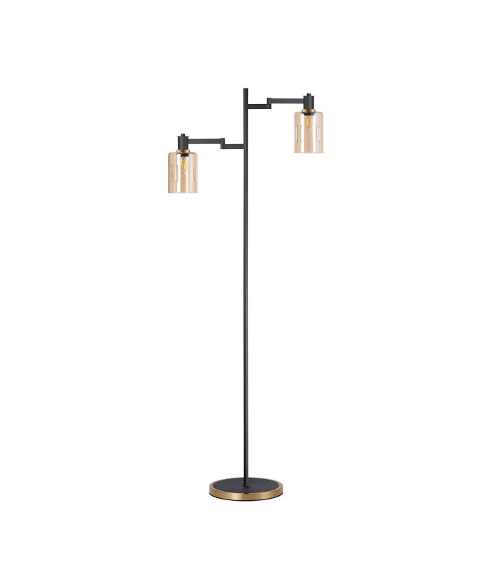 Worcester Swing Arm Floor Lamp 2 Light E14 Brass/Satin Black/Amber Uniform Dimple Cylinder Glass-5
