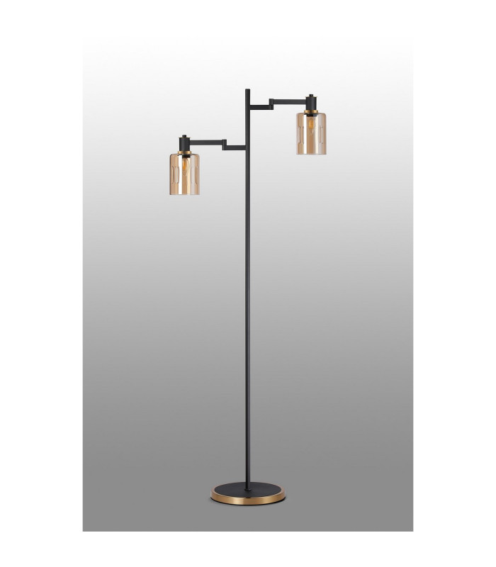 Worcester Swing Arm Floor Lamp 2 Light E14 Brass/Satin Black/Amber Uniform Dimple Cylinder Glass-9