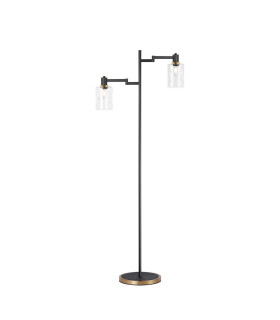 Worcester Swing Arm Floor Lamp 2 Light E14 Brass/Satin Black/Clear Uniform Dimple Cylinder Glass-1