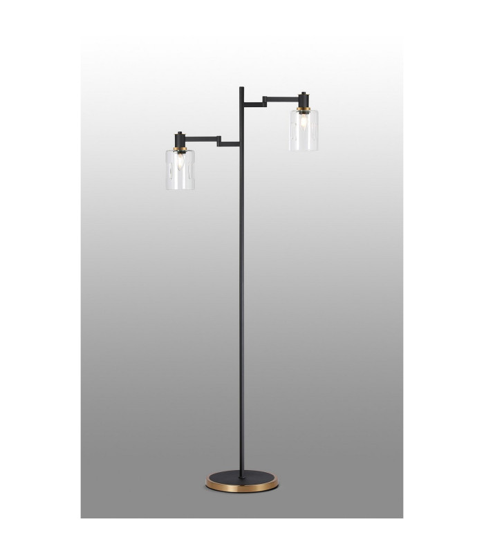 Worcester Swing Arm Floor Lamp 2 Light E14 Brass/Satin Black/Clear Uniform Dimple Cylinder Glass-3